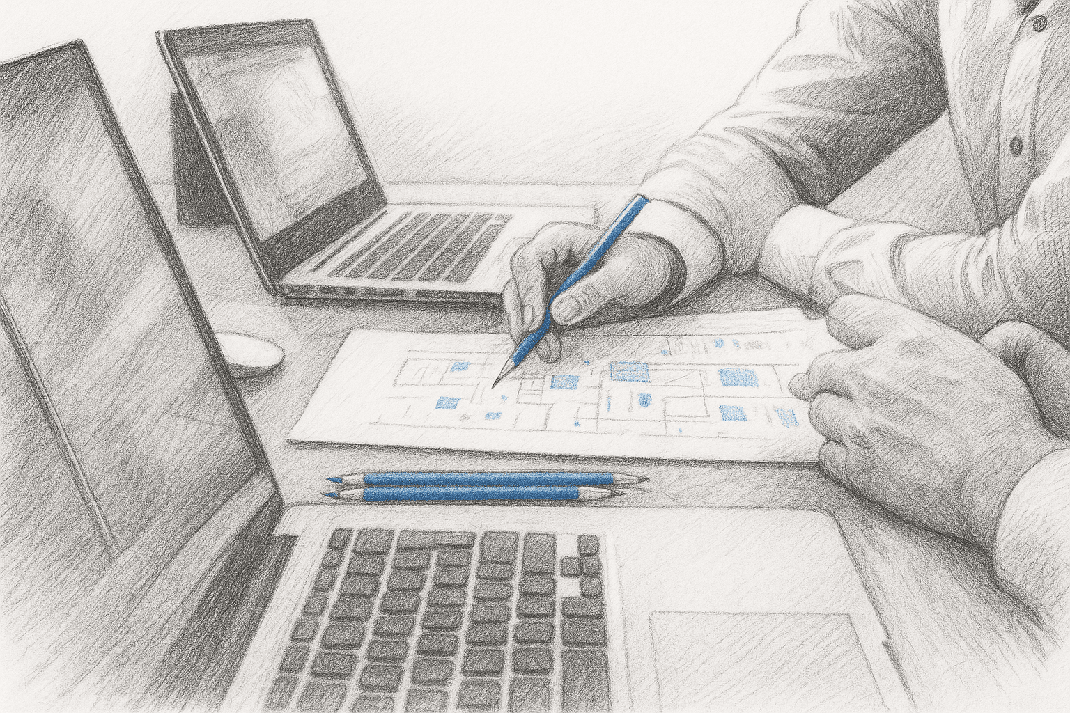 Professionnel analysant des opportunités immobilières dans un environnement de bureau avec documents et plans